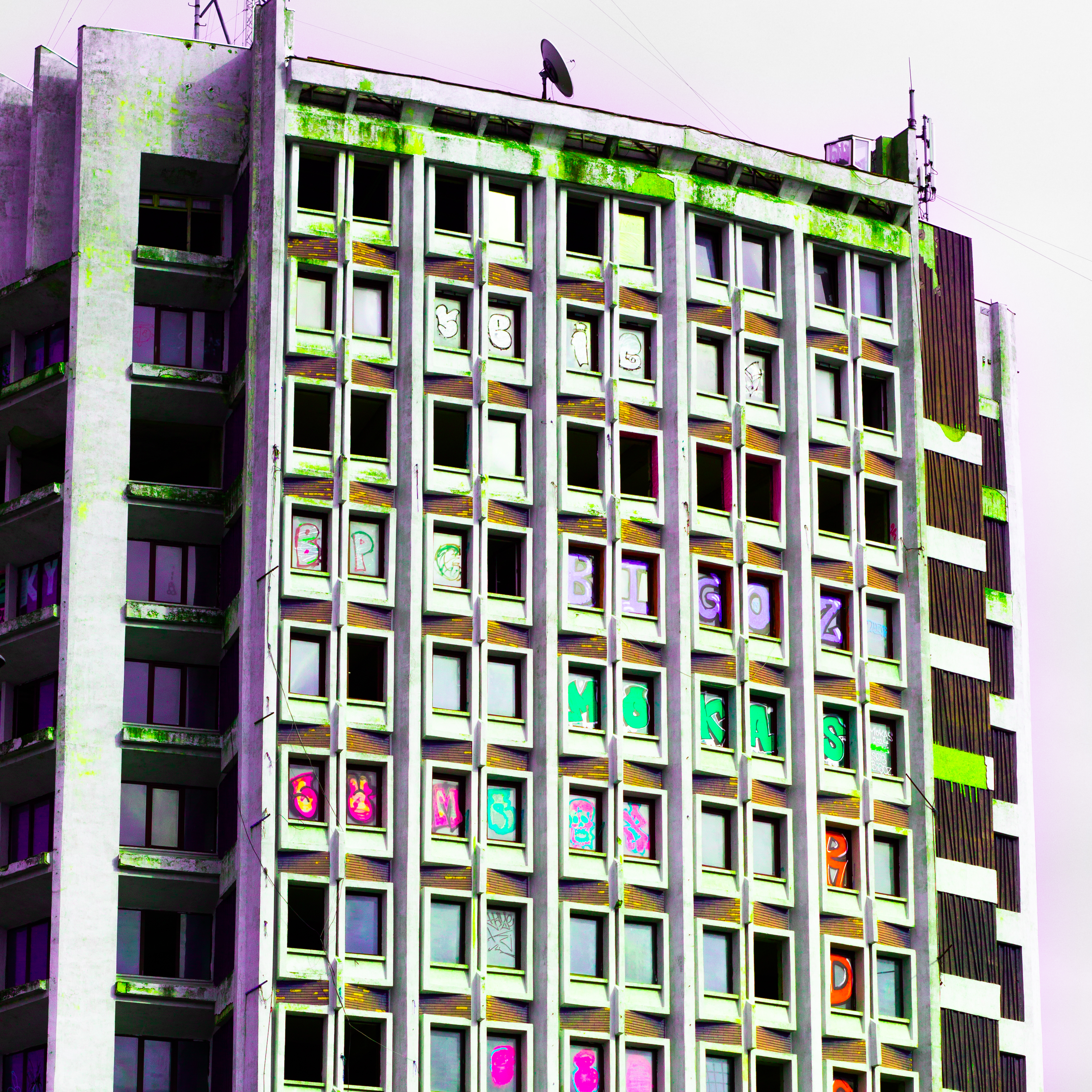 L'immeuble, autrefois fier, se dresse maintenant comme un fantôme, orné de cicatrices colorées.